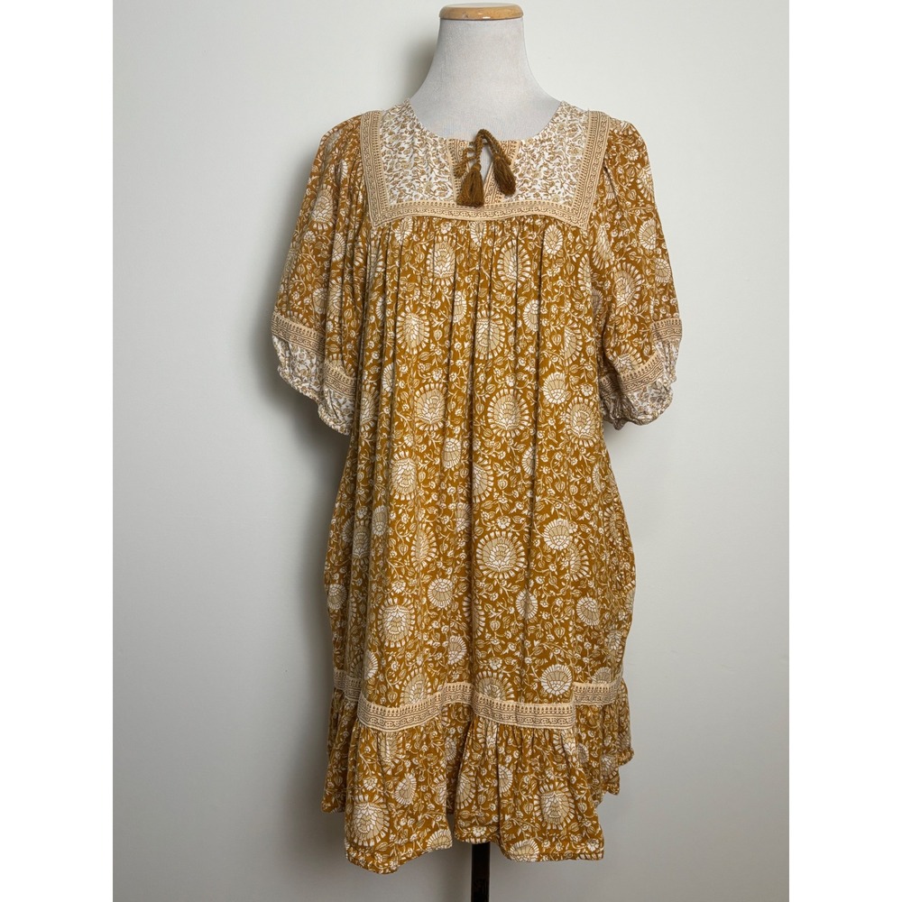 Old Navy Floral Mini Dress L Yellow Boho Tassel Puff Sleeve Ruffle Cottagecore